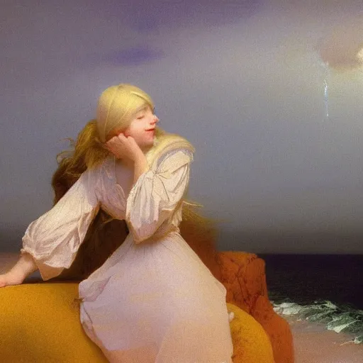 Image similar to a young woman's face, her hair is white and she wears a cobalt blue satin cloak, by ivan aivazovsky and syd mead and moebius and gaston bussiere and roger dean and pieter claesz and paul delaroche and alma tadema and aelbert cuyp and gabriel metsu, hyperrealistic, volumetric light, octane render