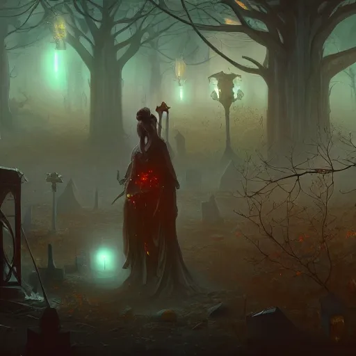 Image similar to Ghostly Apparitions Glowing in the night, Cemetery, Autumn, 8k resolution matte fantasy painting, cinematic lighting, DeviantArt, Artstation, Jason Felix Steve Argyle Tyler Jacobson Peter Mohrbacher