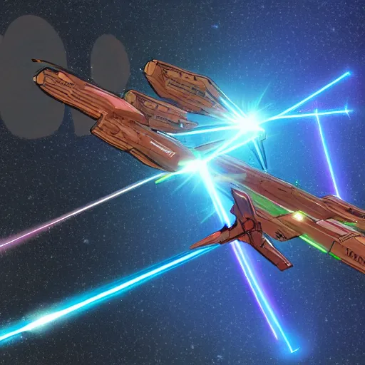 Prompt: giant spaceship shooting laser at other spaceship in the style of homeworld