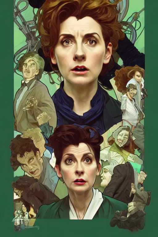 Image similar to doctor who, woman, as a mad dentist, on a plain green background, art by artgerm and greg rutkowski and alphonse mucha