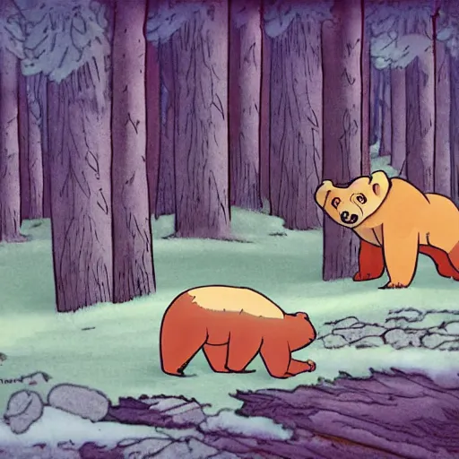 Prompt: a Finnish cartoon, about a bear who lives in the woods, anime style, Finnish cartoon