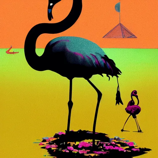 Image similar to A surreal comic noir illustration containing Penelope Cruz and Flamingos in a desert beach oasis by Salvador Dali, dark vibes, high contrast, pastel lighting, cinematic, depth of field, 8k