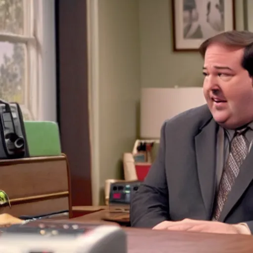 Image similar to Kevin Malone sitting at his desk, a small radio is sitting on top of the desk