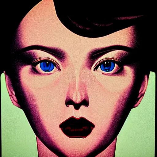 Image similar to collage artist with warm eyes, slim features looking cross - eyed at you. box office hit, satire and seventies italian horror movie, unreal engine, intricate, ultra detailed 8 k, ambient reflective occlusion, extremely beautiful and aesthetic shape of face and neck, art by hiroaki samura and ilya kuvshinov and rossdraws and andy warhol, inverted