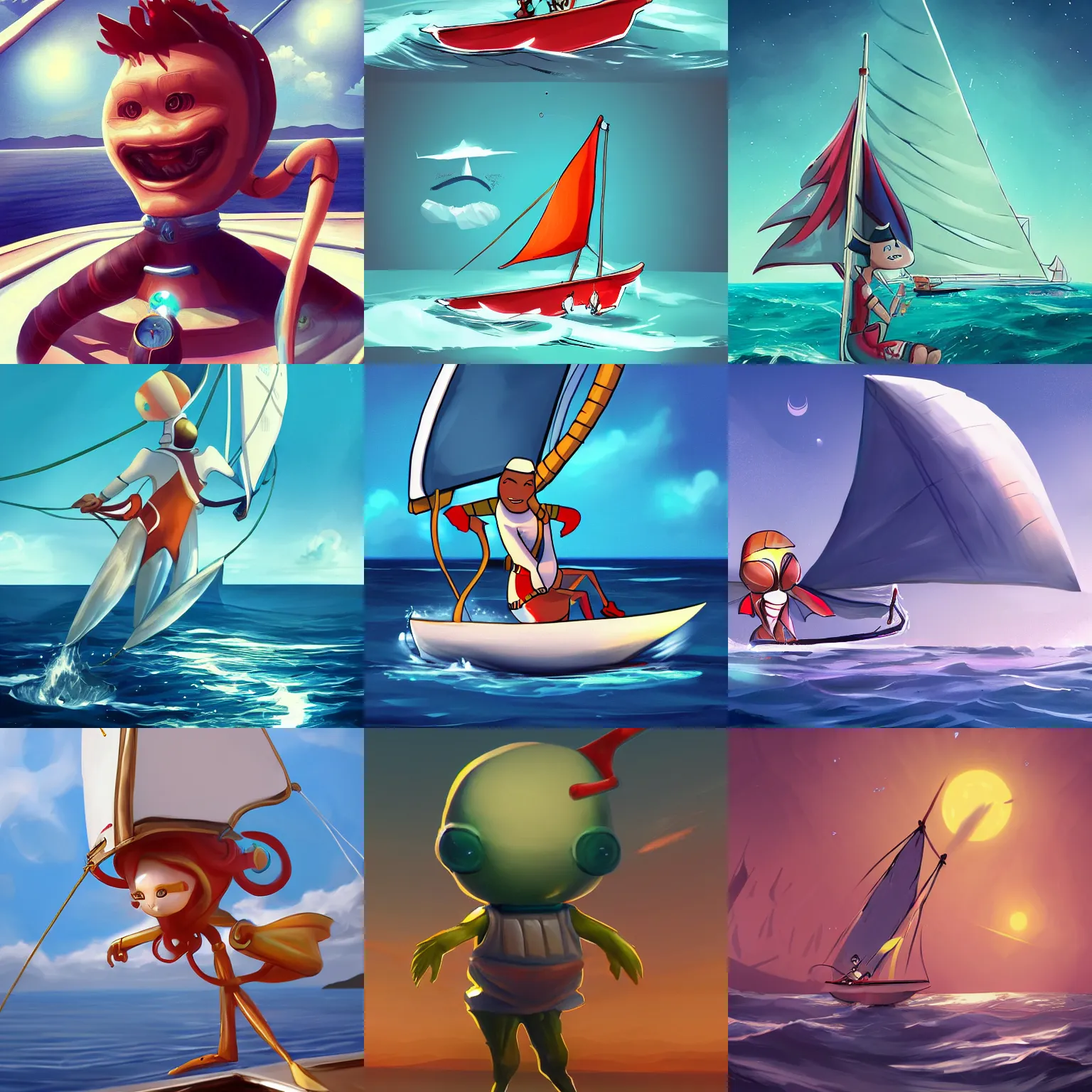 Prompt: friendly alien sailor sailing open in a sailboat sea sunny morning character art trending on artstation