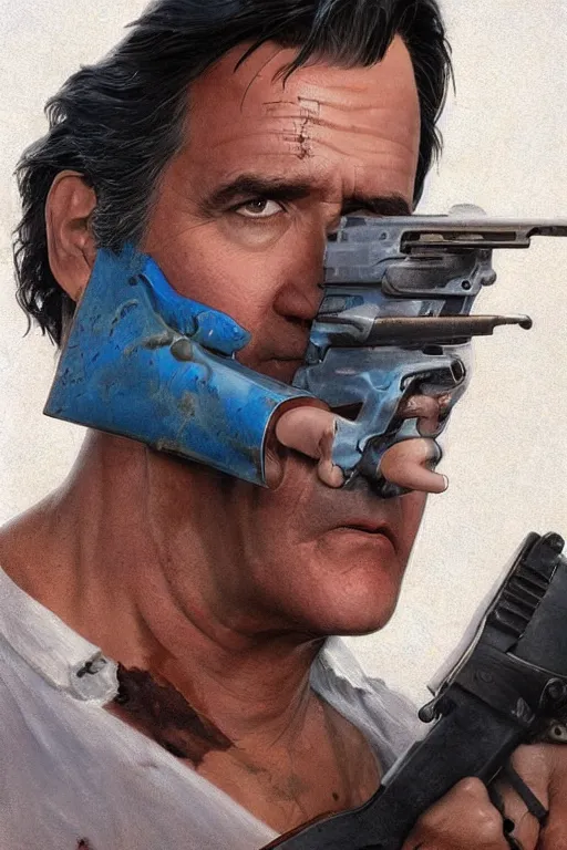 Prompt: Bruce Campbell in a blue bloody shirt with a double-barreled shotgun on his shoulder, the inscription Ash is gaining neck on top, innocent, intricate, elegant, highly detailed, digital painting, artstation, concept art, smooth, sharp focus, illustration, art by artgerm and greg rutkowski and alphonse mucha