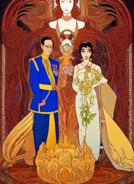 Image similar to well - lit art nouveau portrait of queen sirikrit and king bhumibol adulyadej of thailand, winatural lighting, path traced, real face, thai elegant traditional costume, highly detailed, high quality, cartoon, digital painting, by don bluth and ross tran and studio ghibli and alphonse mucha