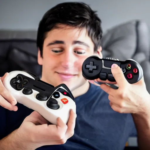 Prompt: a video game controller merging with someone's head, while they are still holding onto the controller,