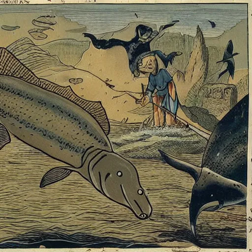 Image similar to siorac en perigors is being attacked by a giant catfish