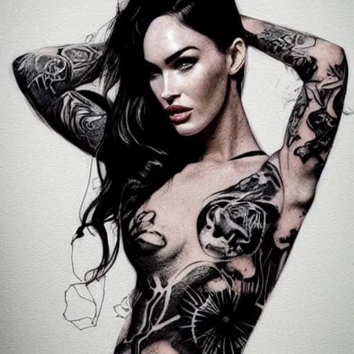 Image similar to megan fox as beautiful mountains, double exposure effect, medium sized tattoo sketch, amazing detail, trending on pinterest, in the style of tim tadder