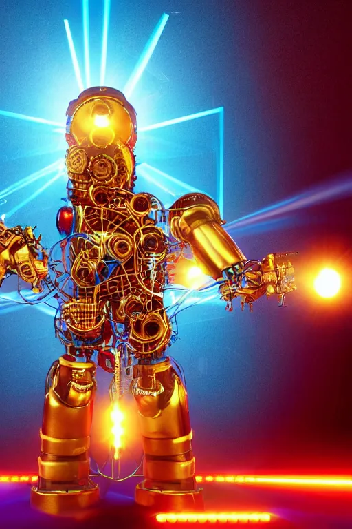 Image similar to portrait photo of a giant huge golden and blue metal humanoid steampunk robot singer wearing headphones and gears and tubes, a big red glowing microphone on a tripod, eyes are glowing red lightbulbs, shiny crisp finish, 3 d render, 8 k, insaneley detailed, fluorescent colors, background is multicolored lasershow