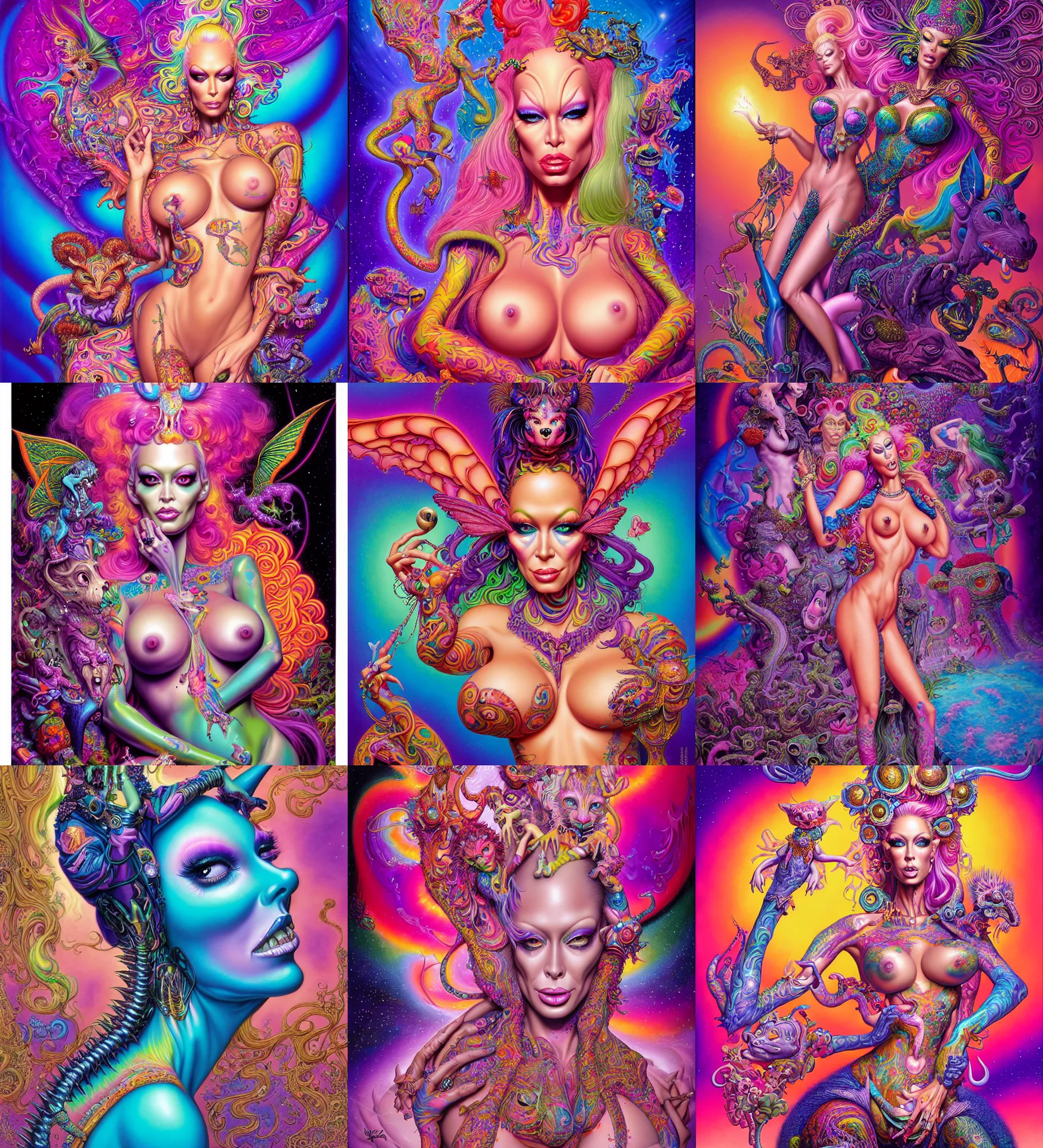 Prompt: lisa frank psychedelic fantasy character portrait of jenna jameson being seductive, ultra realistic, wide angle, intricate details, highly detailed by peter mohrbacher, wayne barlowe, boris vallejo, hajime sorayama aaron horkey, gaston bussiere, craig mullins