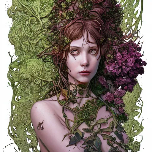 Image similar to a beautiful detailed front view portrait of a rotten woman corpse with plants and fractal flowers growing around, artgerm, joshua middleton comic cover art,