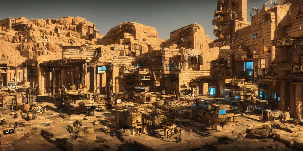 Prompt: a cyberpunk village with nabatean architecture, highly detailed, 4k, 3D render, octane render, HDR, award winning