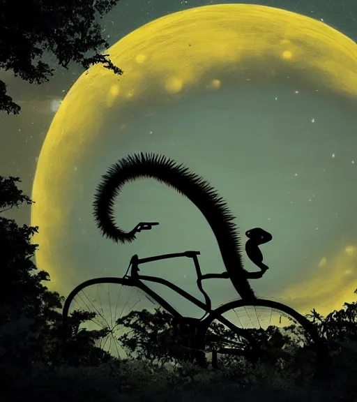 Image similar to a long tailed monkey riding a flying bike across the full moon as silhouette, from the movie e. t. the extra terrestrial, with dark trees in foreground, cinematic frame by steven spielberg, hd