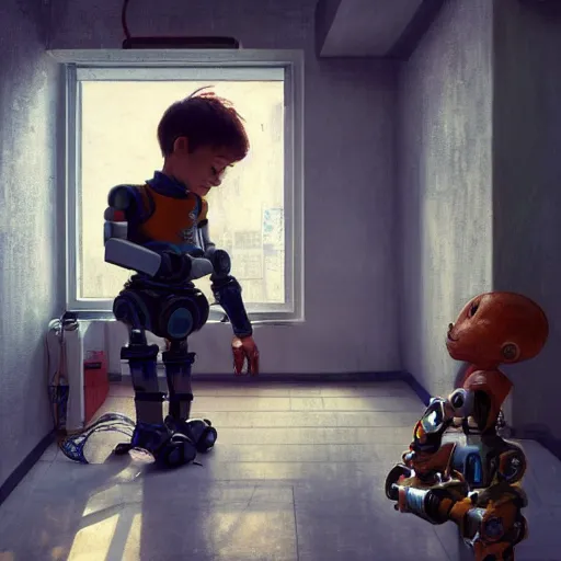 Image similar to a kid fixing his broken robot in his room, au naturel, hyper detailed, digital art, trending in artstation, cinematic lighting, studio quality, smooth render, unreal engine 5 rendered, octane rendered, art style by klimt and nixeu and ian sprigger and wlop and krenz cushart