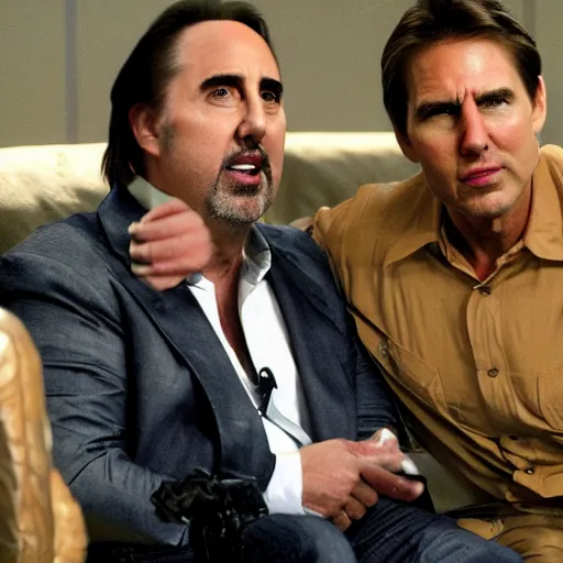 Prompt: nicolas cages, sitting on tom cruise, mean while smoking weed