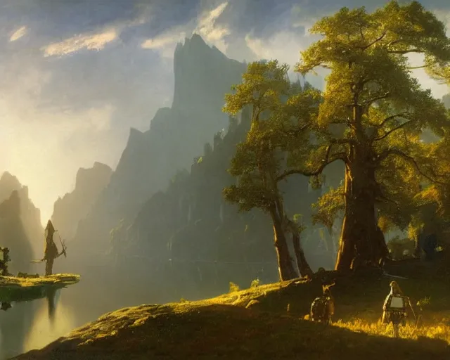 Image similar to breath of the wild by albert bierstadt and vsevolod ivanov, beautiful landscape, oil on canvas, fog, giant trees, river, mountains, epic