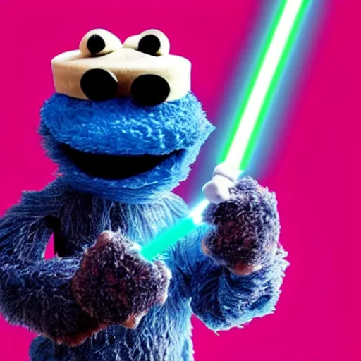 Image similar to angry cookie monster holding a lightsaber in his hand, epic anime style.