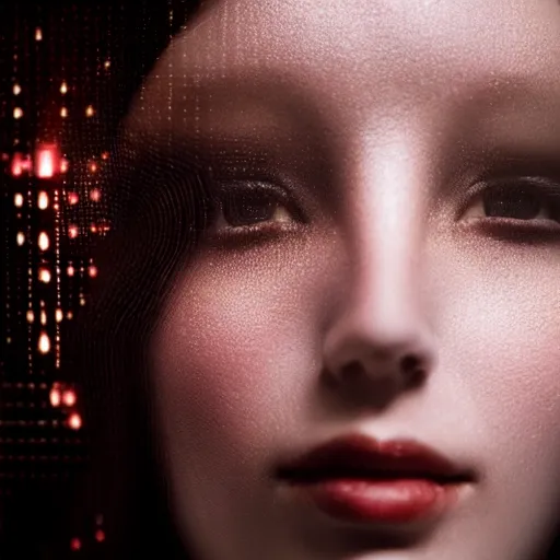 Image similar to photo of beautiful young woman, medium close up, with a cyberpunk camera lens placed over right eye, and robotic implants over face with small led lights, white background, fine art photography in the style of Bill Henson