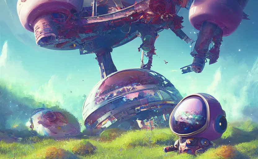 Image similar to a beautiful painting of a cute adorable kawaii futuristic vr plastic android astronaut sitting on a lush planet of foliage, the destroyed wreckage of a crashed spaceship, steam, thick colorful smoke, ross tran, ron walotsky, greg rutkowski, trending on artstation