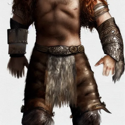 Image similar to ginger viking with flowing long wavy hair in leather armor, very pale, very hairy chest, bare chest, very thick thighs, bare legs, husky body type, big muscles, very tall, strong, powerful, majestic, imposing, full body picture, matte painting, concept art, 4 k