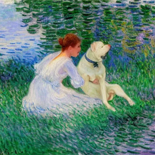 Image similar to girl with curly blonde hair sits next to her white pitbull, sitting on a riverbank watching the sunset, painting by monet