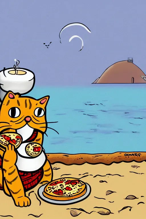 Prompt: digital drawing of a cat eating pizza on the beach by matt groening