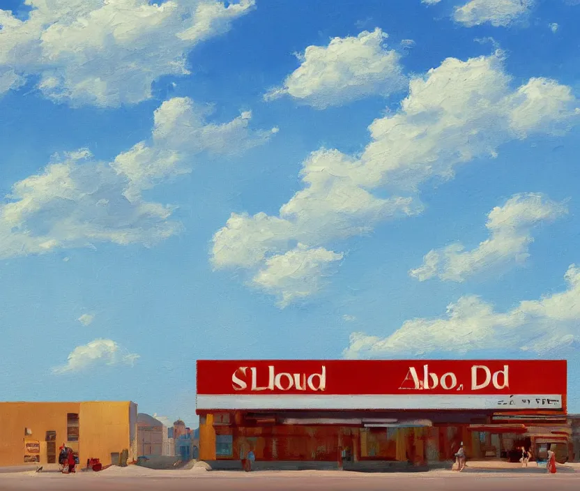 Prompt: a very detailed painting of one ad billboard, baby blue sky with very aesthetic stylized clouds, in the style of edward hopper, very small brushstrokes, 4 k,