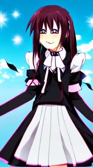 Image similar to Anime Screenshot of a “red-eyed black-haired anime fox girl” wearing black fingerless-gloves, high-waist-black-skirt, white-collared-shirt blue-open-jacket, black-necktie, unsheathing her katana, white background, visual-key, anime illustration, pixiv, anime-twitter