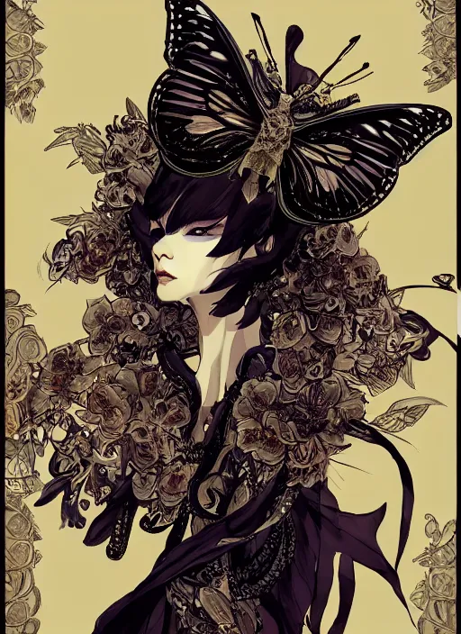 Prompt: portrait of an anthropomorphic butterfly with insect face in silk ornate robe. in style of yoji shinkawa and hyung - tae kim, trending on artstation, dark fantasy, great composition, concept art, highly detailed, dynamic pose, vibrant colours.