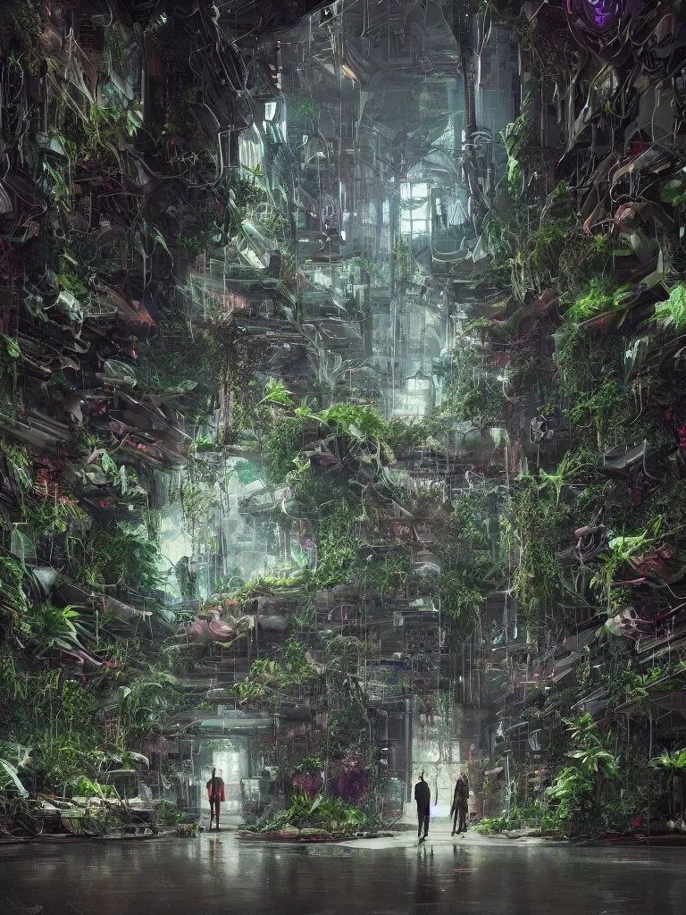 Prompt: portrait of a stranger, lost in a hall of a cyberpunk megacomplex overgrown by strange plants; hyperrealistic, 4K wallpaper, cinematic lighting, highly detailed and beautiful