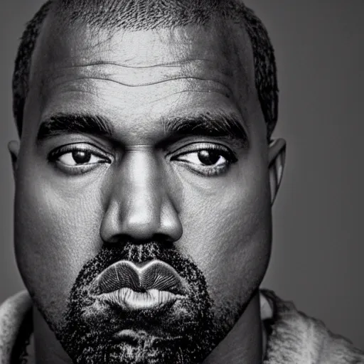 Image similar to the face of kanye west wearing yeezy clothing at 3 6 years old, portrait by julia cameron, chiaroscuro lighting, shallow depth of field, 8 0 mm, f 1. 8