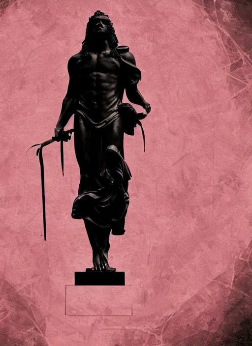 Image similar to elegant dark design poster showing a large greco roman statue of zeus, black background with very subtle red and purple design elements, bold, powerful, nekro, vito acconci, thin straight purple lines, dark, glitch art, neo vaporwave, gritty, layout frame, square, trending on artstation