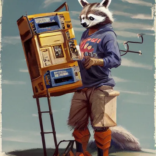 Image similar to greg manchess painting of a trash panda character, wearing an acdc t - shirt, holding a box of cables and standing next to old electronic equiptment, medium shot, asymmetrical, profile picture, organic painting, sunny day, matte painting, bold shapes, hard edges, street art, trending on artstation, by huang guangjian and gil elvgren and sachin teng