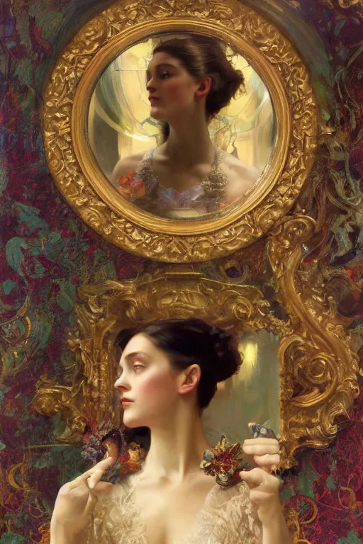 Prompt: an intricate artistic pose painting of a beautiful young victorian lady looking through a baroque mirror with an artistic pose wearing a beautiful velvet dress, hyper detailed, octane render, vivid colors, artstation, by jeremy mann, alphonse mucha, by boris vallejo