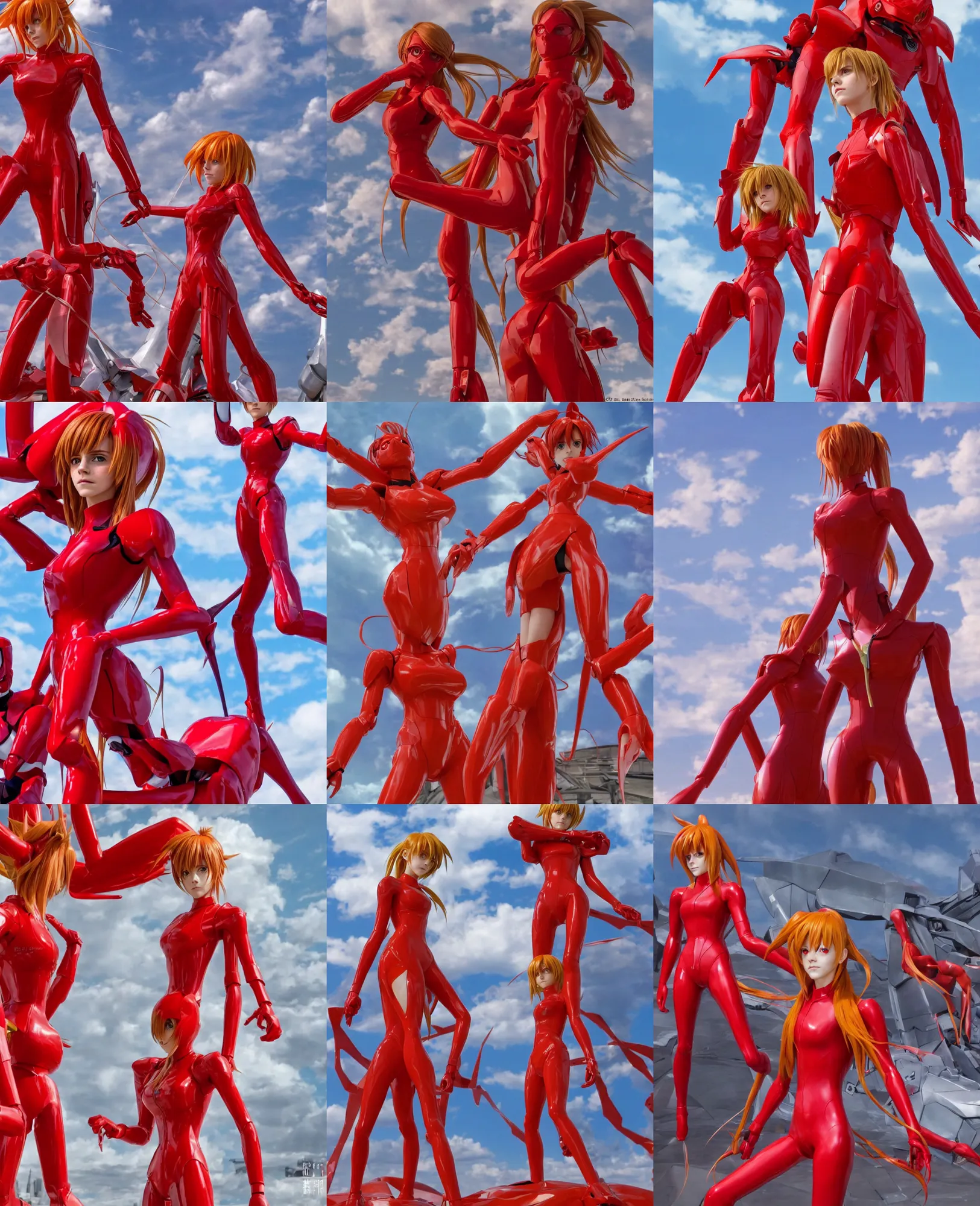 Prompt: Emma Watson cosplaying as Asuka Langley in her signature red plugsuit in front of NERV and EVA-02, centerpiece, cinematic 4K blu-ray render, japanese live-action movie