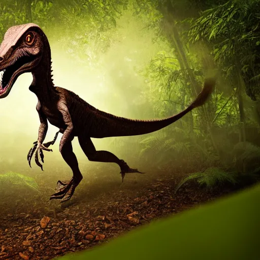 Image similar to Velociraptor dinosaur, walking in the jungle, the velocirapter has blood on its teeth, 8k, professional photography, cinematic shot, dark, smoke