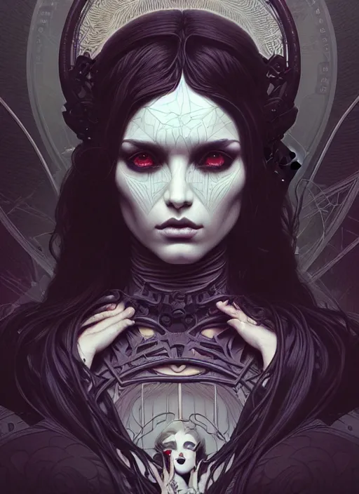 Image similar to satanist perfect girl portrait, intricate artwork by josan gonzalez, artgerm, tom bagshaw, kilian eng, alphonse mucha, zdizslaw beksinski, very coherent artwork, cinematic, syntwave, noir gothic cyberpunk, octane render, unreal engine, 8 k, high contrast