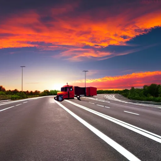 Image similar to a photorealistic picture of a truck on a busy highway at sunset