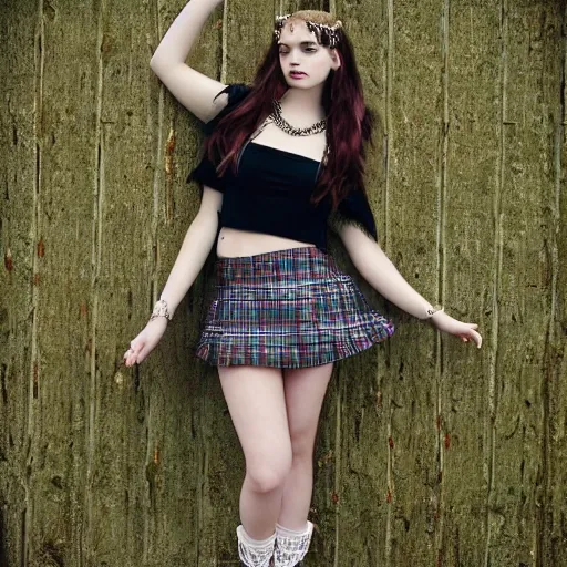 Image similar to gothic teen girl in plaid mini skirt and crop top, intricate, extremely detailed, modeling photography, 8 0 mm camera