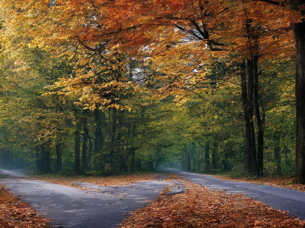 Prompt: Going to the end of the road, there are maple trees on both sides of the road, and maple leaves are floating in the air, Vanishing Point, hdr, ue5, unreal engine 5, cinematic 4k wallpaper, ultra detailed, high resolution, artstation, award winning.