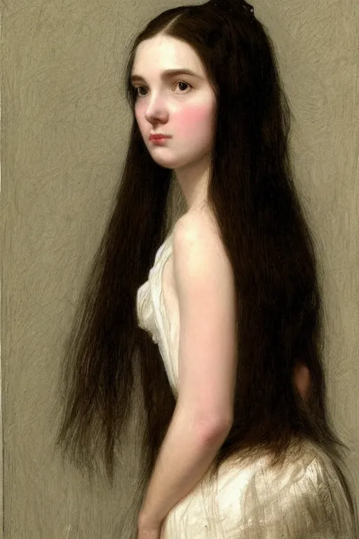 Image similar to picture portrait,(((((((((((((young woman's face))))))))))))), long black hair, pale skin, digital render, super-detailed , by Millais