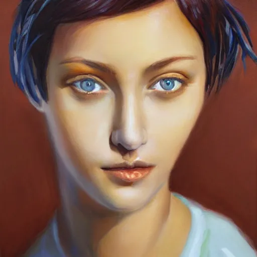 Prompt: beautiful woman with short blue hair, big brown eyes, wearing a brown sweater, oil painting