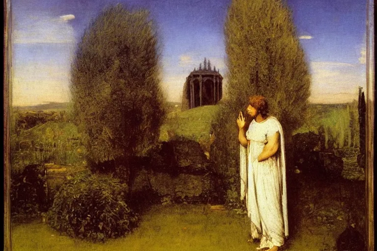 Image similar to the personified spirit of the wisdom of solomon above his temple garden, landscape by bocklin