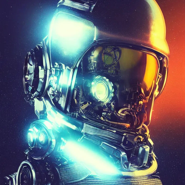 Image similar to portrait art of 8k ultra realistic retro futuristic terminator astronaut helmet, lens flare, atmosphere, glow, detailed,intricate,blade runner, cybernetic, full of colour, cinematic lighting, trending on artstation, 4k, hyperrealistic, focused, extreme details,unreal engine 5, cinematic, masterpiece, art by ayami kojima, giger