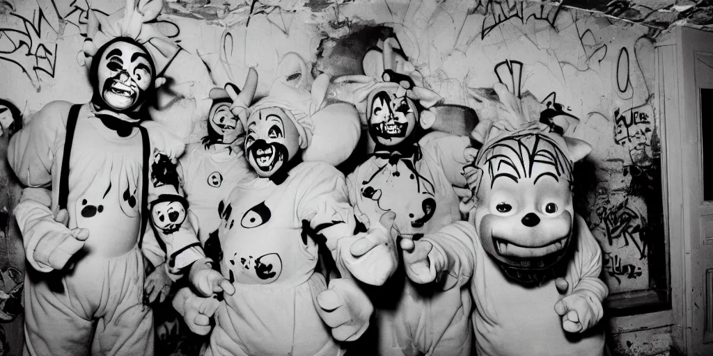 Image similar to Juggalo Teletubbies band photoshoot inside abandoned dollhouse, 1980s surrealism aesthetic, detailed facial expressions, graffiti on the walls and ceiling