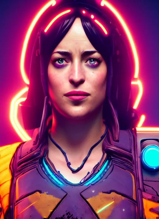 Image similar to glowwave portrait of dakota johnson from borderlands 3, au naturel, hyper detailed, digital art, trending in artstation, cinematic lighting, studio quality, smooth render, unreal engine 5 rendered, octane rendered, art style by klimt and nixeu and ian sprigger and wlop and krenz cushart.