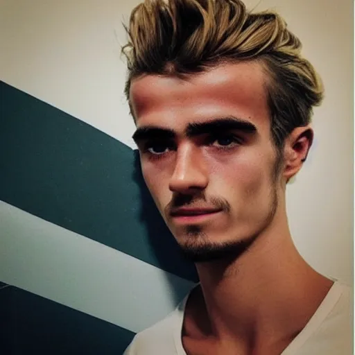 Image similar to “ a realistic detailed photo of a guy who is an attractive humanoid who is half robot and half humanoid, who is a male android, soccer player antoine griezmann, shiny skin, posing like a statue, blank stare, on the bed, on display ”