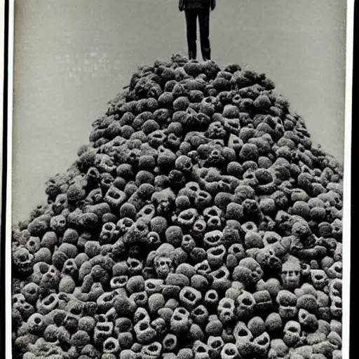 Image similar to a man standing on top of countless skulls, vintage picture from the early 1900’s